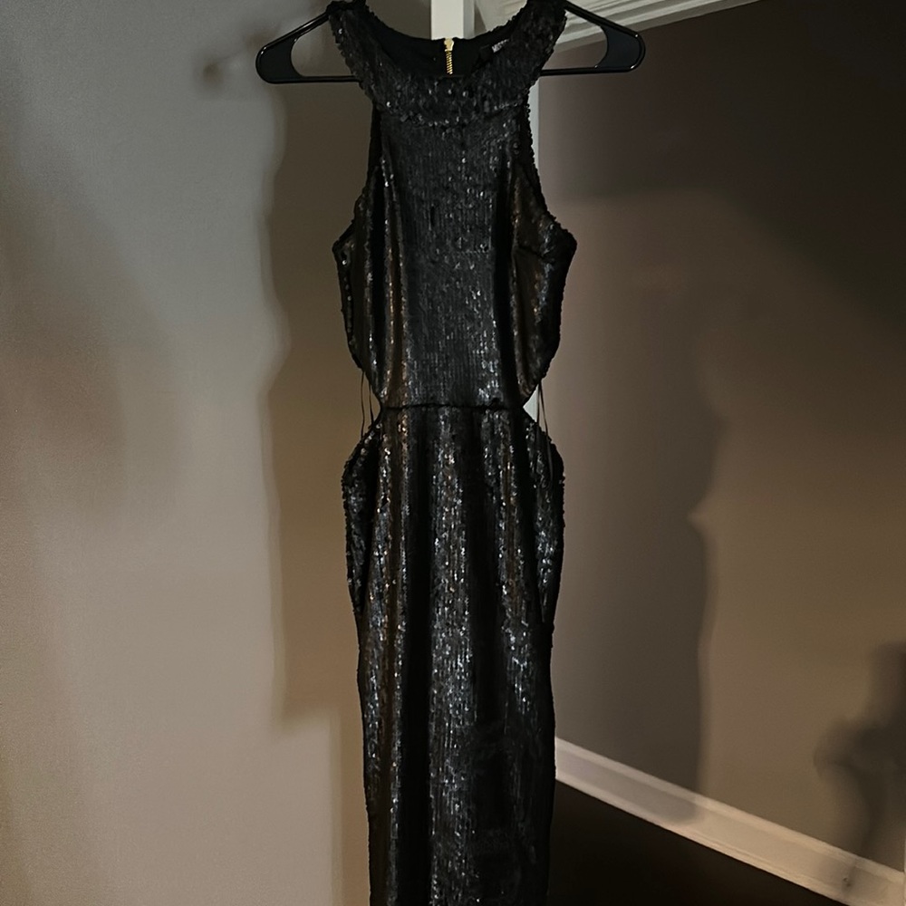 Miss Guided, sequence, mock neck, zipper back, midi dress. Size 6